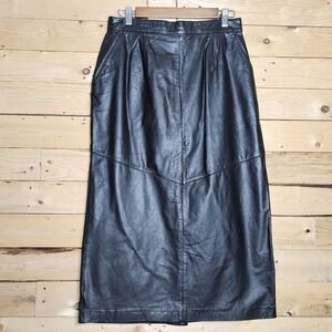Lord & Taylor Leather Skirt 12 Vintage Black Long Nappa Leather
